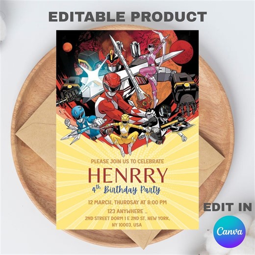 Editable Power Rangers Birthday Party Invitation Template, Editable Canva Design (5x7), Digital Download. - Etsy