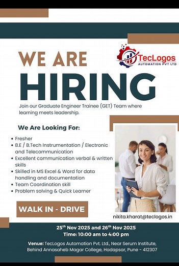 Teclogos Automation hiring Freshers at #Pune #Location Follow our page for more jobs opportunities. #teclogos #freshers #freshershiring #freshersjobs #freshers2025 #befreshers #Btechfreshers #EngineeringJobs #BTech #BEjobs #diplomajobs #graduatejobs #GraduateTrainee #TraineeJobs #ITIJobs #PrivateJobs #punejobs #mumbai #2025Jobs #jobs #HiringNow #walkininterview | Rajesh Kumar B