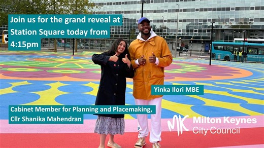 Drab space outside Milton Keynes Central station is transformed with £100,000 riot of colour artwork