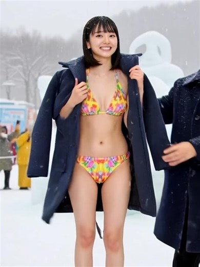 昭和の時代、雪まつりで水着でステージに立つアイドル