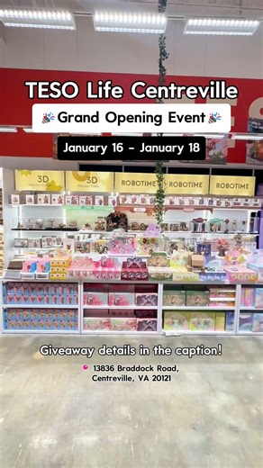 ✨NEW STORE ✨ TESO Life Grand Opening in Centreville, VA 🏘️🏴󠁵󠁳󠁶󠁡󠁿⚜️ January 16, 2026 ⁠ We’re thrilled to welcome you to the newest TESO Life, and we’re celebrating with exclusive gifts just for you! ⁠ ✨⁠ Grand Opening Event [Jan 16 - Jan 18]:✨ • Free Snack w/ Any Purchase⁠ • Free Snack Bag when you spend $50 • Free Premium Gift Bag when you spend $100 ⭐ Hours: Mon-Sun; 11AM - 9PM 📍 13836 Braddock Road, Centreville, VA 20121 ✨Giveaway Event: One lucky winner will be chosen to win a $50 gif