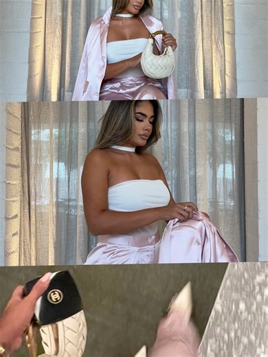 MARIA PEREZ on Instagram: "Satin moment 🐚🤍✨ outfit @fashionnova Off - limits Sheer Mesh Bodysuit Ella Satin Blazer - Blush Ella Satin Trouser - Blush"