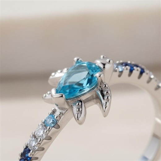 Sterling Silver Sea Turtle Ring | Aquamarine Ocean Jewelry, March Birthstone - Etsy