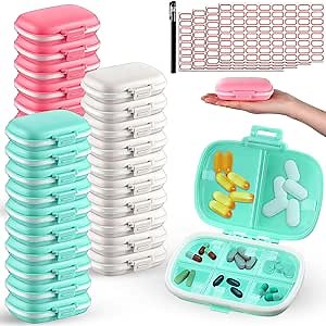 Layhit 30 Pcs Travel Pill Organizer Bulk with Labels Portable Daily Pill Dispenser 8 Compartments Medicine Storage Case for Vitamins, Fish Oils, Supplements (White,Pink,Green)