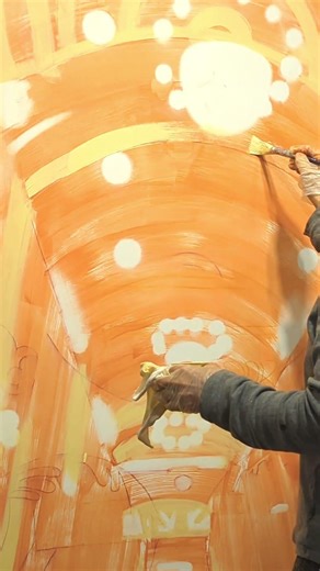 My work continues on this 60 by 40 inch panel, adding acrylic paint layers of gold highlights.