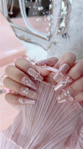 Pearl Pink Ballet Lace Bow Pattern Press On Nails Long Coffin