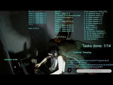 (2h sleep per day)(Uberman)[Day 23/30]Polyphasic sleep transition(24 h stream everyday) Part 1