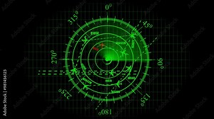 Aircraft signal and guidance radar. Radar animation with green grid background bright green color for flight control