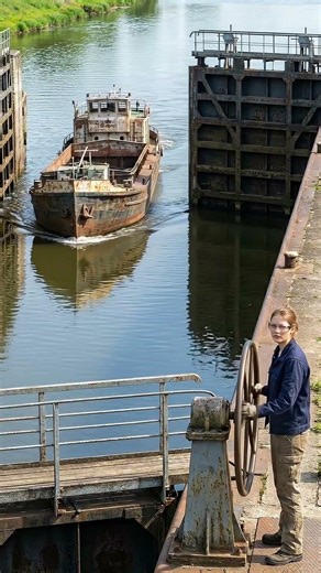 Old Cargo Boat Passing Through River Lock Gate | Realistic River Engineering Scene