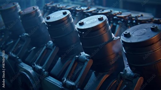 Close-up view of a powerful engine with multiple cylinders, showcasing intricate mechanical details and engineering