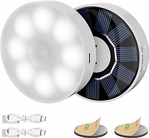 2 Pack Motion Sensor Light Indoor [Solar & USB Rechargeable], 8 LEDs Night Light, 3 Light Modes & 400 mAh Battery, Cordless Magnetic Sticker Nightlight for Stair, Closet, Hallway