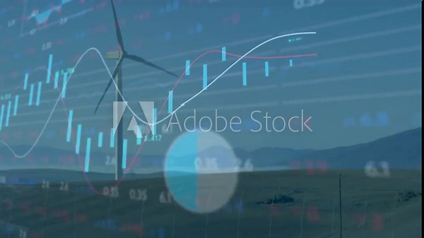 Data feed arriving, overlays animating over wind turbine, bars rising to show energy trends