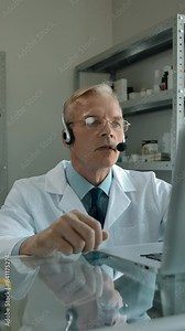 Pharmacist preparing online order for client in white paper package. Caucasian male boss talking with client, using headset and laptop. His pretty female employee forming package, ready for delivery