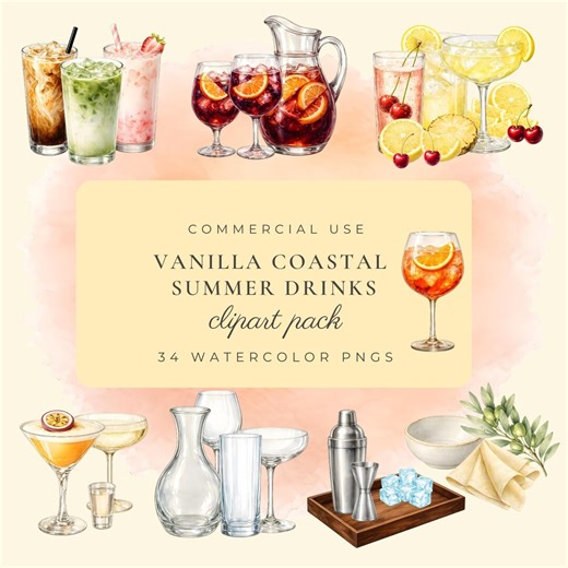 Summer Drinks Clipart PNG Bundle, Watercolor Cocktail & Mocktail Set, Sangria, Limoncello, Iced Coffee, Commercial Use - Etsy