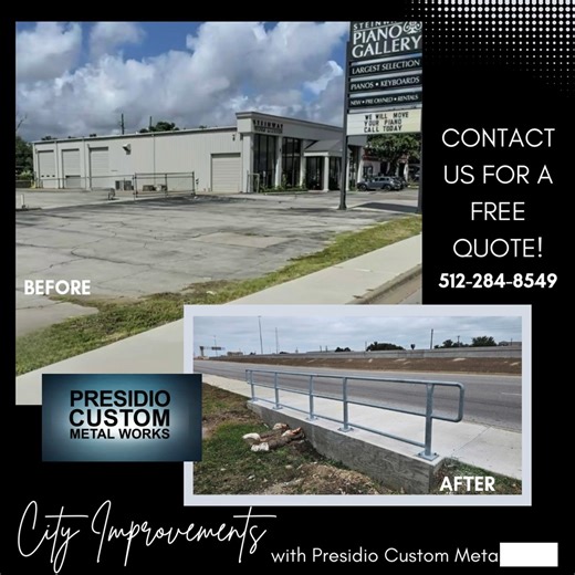 This 20 linear feet of Type B commercial railing was installed along a busy frontage road, improving pedestrian safety and patron protection. We specialize in commercial metal railing, safety barriers, and code-compliant installations for high-traffic areas throughout Central Texas. 🔗 www.presidiocustommetalworks.com #PresidioCustomMetalWorks #TypeBRail #CommercialRailing #PedestrianSafety #FrontageRoadSafety #MetalRailing #SafetyRail #CommercialConstruction #TexasContractors #AustinConstructio