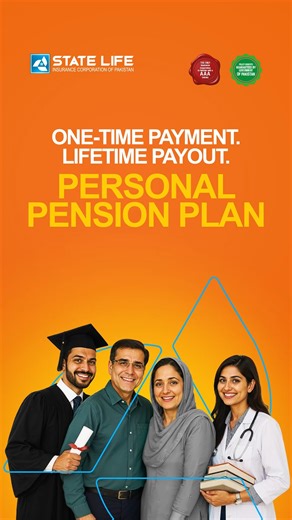 Imagine entering retirement with a guaranteed income for life. With the State Life Personal Pension Plan, a one-time payment turns into guaranteed income for life. Start at any age with just PKR 50,000 and enjoy: ✔️ A guaranteed 25-year pension that continues for life ✔️ The highest lifetime pension with annual increases ✔️ An investment that can double within 6 years ✔️ The flexibility to draw at any time Secure a retirement that pays you back, year after year. To learn more, visit our website 