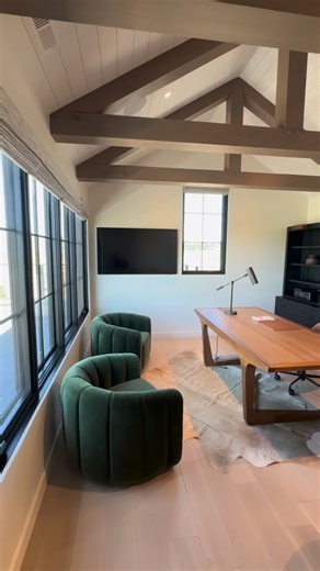 Work from home never looked this good! ✨ This Victory Ranch office is flooded with natural light, framed by stunning wood beams, and offers views that make every workday feel like a getaway. - #utahhomebuilder #cameohomesinc #utah #utahhomes #luxuryhomebuilder #victoryranch #homeoffice #officedesign #officedesigns #luxuryhomes #builtbycameo | Cameo Homes Inc.