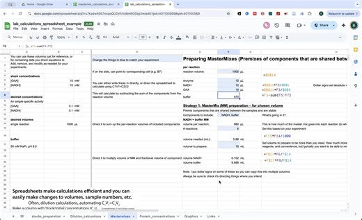 Brianna Bibel on Instagram: "Strategies for preparing lab MasterMixes – example spreadsheet Here’s a more detailed example spreadsheet for calculating to prepare MasterMixes (where you have multiple samples with both shared and unique components, and you premix components that are shared and stable in order to minimize the amount of pipetting you have to do). There are 2 main strategies I use 1. Prepare a certain volume 2. Prepare a certain number of reactions-worth And I have templates and exam