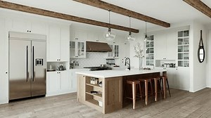 Traditional large L-shaped kitchen with large island and kitchen appliances. Kitchen interior with white cabinets and wooden island. 3D animation. 3D Illustration