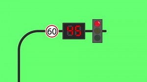 The intersection features a traffic light with a single signal, a countdown timer, and a speed limit sign. The lamp displays changes in green, yellow, and red. Green-screen background.