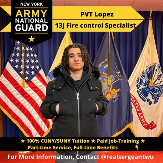 leslie wu on Instagram: "🚨 ‼️ Enlistment Alert ‼️ 🚨 Please welcome PVT Lopez 🎉🎊🍾. He enlisted to be like his cousin, come back and go on Missions in the NY Army National Guard! —————————————————— DM me to start your journey! TOP REASONS TO CHECK US OUT: —————————————————— ✅ 💰 👩‍🎓 State Tuition Assistance - 100% CUNY/SUNY or up to SUNY Rate (Only the Guard gets this! 🤫) ✅ 💵 Federal Tuition Assistance up to $250/credit or $4,000 per year (Reserves only get this! We get both!) ✅ 🚨 Parole
