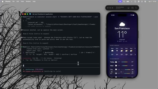 Here's Claude tapping, scrolling, finding bugs and fixing them. Testing the entire app experience on iOS. No Xcode. No manual steps.FlowDeck gives your agent eyes on the simulator.Post + Video: https://t.co/0bNo2SBeDs