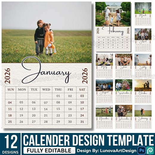 Editable 2026 Family Calendar PSD Template – 12 Monthly Designs, Customizable Calendar, Digital Download, Holiday & Family Photos - Etsy