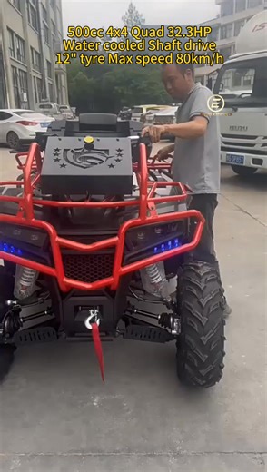 China Factory sell 500CC 4X4 4WD driving ATV Water cooled newest version ATV for off-road driving Road version & Mud version with diffrential lock. WhatsApp 8618565119998 emaxbike2016@gmail.com ENGINE: 500CC 192MR-2, 499 CM3, 4-STROKE, WATER COOLED, E-START Max power: 29kw/6000rpm Transmission: shaft drive Max climbing capacity: 40 degrees Max load capacity: 500kgs Wheelbase: 600-1000mm Ground clearance: 220mm Seat height: 900mm Package: Iron cage with carton outside Net weight: 365kgs Gross wei