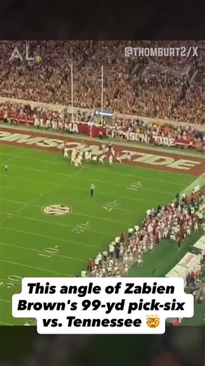 From the top of BDS: This angle of Zabien Brown’s 99-yd pick-six vs. Tennessee is epic. 🤯🐘🏈 #RollTide #Alabama #collegefootball #tennessee #picksix 📹: thomburt2/X | Alabama Crimson Tide on AL.com