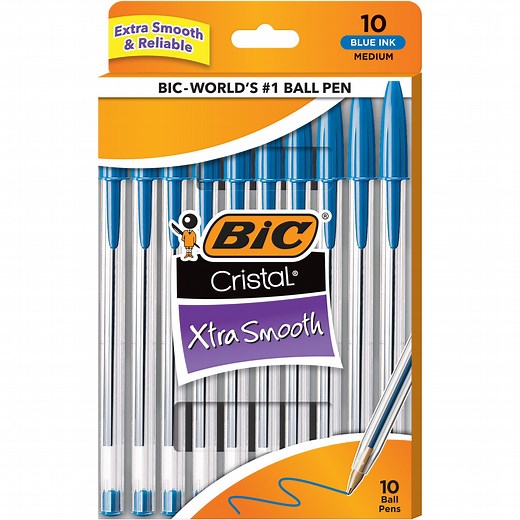 BIC Cristal Xtra Smooth Ballpoint Pen, Medium Point, 1.0 mm, Blue Ink, 10 Count