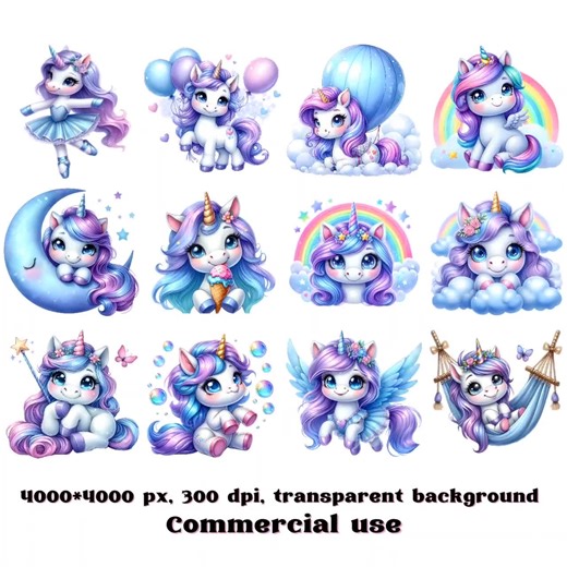 Unicorn Clipart, Unicorn PNG, Unicorn Illustrations, Unicorn Stickers, Rainbow Unicorn Graphics, Fantasy Clipart, Kids Unicorn Art Birthday - Etsy