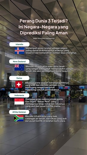 Kalau PD 3 benar-benar terjadi, negara mana yang paling aman? 🌍 Beberapa wilayah diprediksi relatif lebih aman berdasarkan faktor seperti: ✅ Lokasi geografis ✅ Netralitas politik ✅ Ketahanan pangan ✅ Skor perdamaian global Dari Islandia yang konsisten jadi negara paling damai, Swiss dengan sejarah netralitasnya, sampai Selandia Baru dan Argentina yang punya ketahanan pangan kuat. Tapi realistisnya, perang modern nggak cuma soal serangan militer. Dampaknya bisa ke ekonomi, energi, dan rantai pas