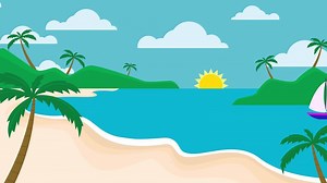 Download Cartoon beach scene with palm trees and a sailboat summer background for free