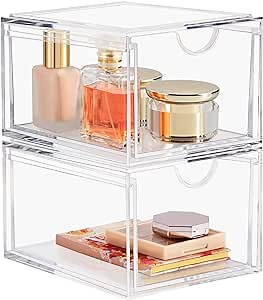 Boxalls 2 Pack Acrylic Stackable Storage Drawers Makeup Organizer, 20% Thicker Clear Bathroom Organizers for Cosmetics, Skin Care, Hair Accessories, Beauty, Vanity, Countertop and Dresser