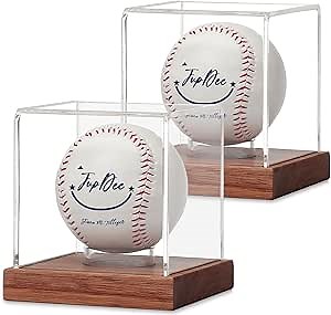JupDec Baseball Display Case, Clear Cube Baseball Holder with Wooden Base, Autograph Baseball Stand Box for Single Ball, Acacia Wood, Brown, 2 Pack