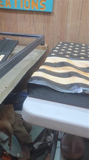 This wooden flag centerpiece is really shaping up! 🇺🇸 Just a couple more coats of clear coat and it'll be perfect. It's amazing how wood can transform with a little work and dedication. So excited to see the final look! Can't wait to display this beauty. #woodworking #diyflag #homedecor If you're interested in owning a wooden flag or have a project in mind, let's chat! neverlosefaith blessed thankyoulord