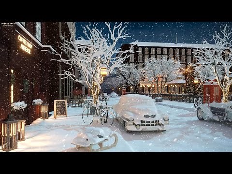 Snowy Winter Day on Street at Coffee Shop Ambience with Relaxing Smooth Jazz Music and Snowfall