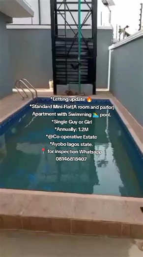 *Letting update 🔥 *Standard Mini-Flat(A room and parlor) Apartment with Swimming 🏊‍♂️ pool. *Single Guy or Girl *Annually: 1.2M *@Co-operative Estate *Ayobo lagos state. 📍 for inspection Whatsapp 0814681840 #fyp #househuntinginlagos #houseagent #househunting #ayobo