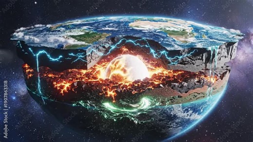 Cross-section of the Earth revealing its inner layers core, mantle, and crust, depicting geological activity and heat transfer