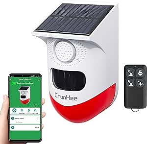 ChunHee WiFi Motion Sensor Alarm Outdoor,2 Adjustable Sensitivity 130db Sound Solar Security Siren Light with Tuya APP Operation,Motion Activated Strobe Light for Home,Villa,Farm,Barn,Yard