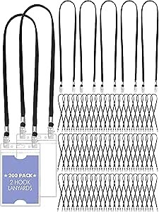 Patelai 200 Pack Double Clip Lanyards Bulk Face Mask Lanyard Twist Free 2 Hook Design Adjustable Badge Neck Strap for ID Name Badge Holder Back to School Conference Office Class Essential (Black)