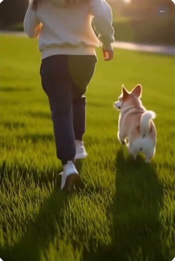 Human jogging slowly with a puppy on grass