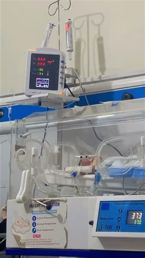 baby on O² in incubator machine normal temperature normal SpO2
