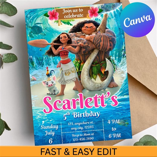 Moana Birthday Invitation, Digital Moana Party Invite, Printable Tropical Beach Bday Card, Editable Canva Template Girl Invite, Cute Moana - Etsy