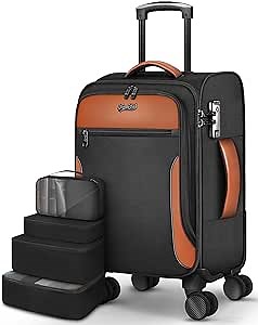 Carry On Luggage 22x14x9 Airline Approved, 20 Inch Softside Suitcase with 4 Pcs, Lightweight Luggage for Women Men with TSA Lock and 4 Spinner Wheels, Soft Side Carry-on Suitcases for Travel