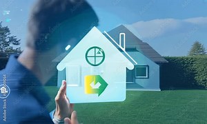 Energy efficiency concept. Person using tablet with energy efficiency rating icon on virtual screen for energy efficient house building rate label audit