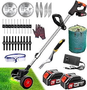 Weed Wacker Battery Operated, Electric Weed Eater Cordless Lawn Trimmer with 2 x 21V 2Ah Battery Powered & Charger, Lightweight No String Trimmer/Grass Trimmer/Edger/Mower/Brush Cutter for Garden Yard