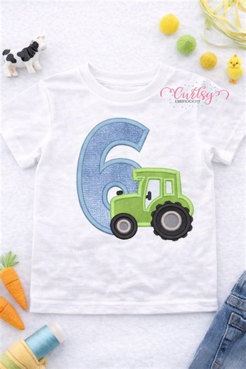 Tractor 6th Birthday Applique Embroidery File | Farm Birthday Design