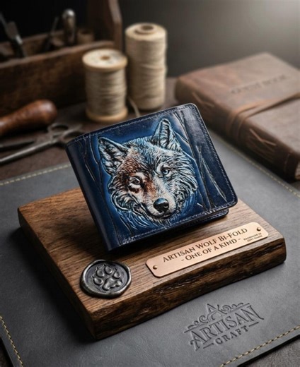 Blue Wolf Wallet for Men Handmade - Bifold Full Grain Leather - Wildlife Wallet Mens - Rustic Wallet - Gift for Him - Etsy