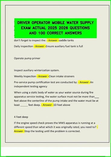 DRIVER OPERATOR MOBILE WATER SUPPLY EXAM ACTUAL 2025 2026 QUESTIONS AND 100 CORRECT ANSWERS video